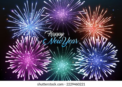Happy New Year Greeting, Explosion of fireworks background, New year celebration. Vector Illustration