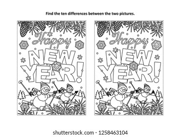 Happy New Year greeting find the ten differences picture puzzle and coloring page with greeting text, winter scene, skiing snowmen