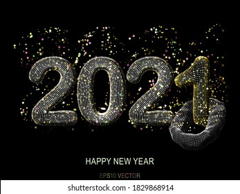 Happy New Year greeting glamorous postcard: 3D golden glittering text 2021 with shiny sparkles on black background. Concept of 2021 New Year celebration. New Year festive vector illustration.