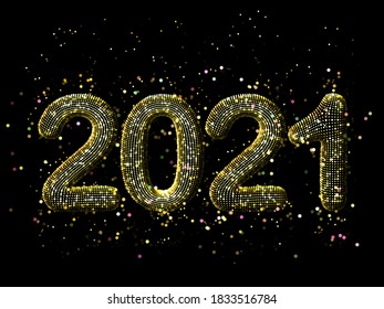 Happy New Year greeting glamorous postcard: 3D golden glittering text 2021 with shiny sparkles on black background. Concept of 2021 New Year celebration. New Year festive vector illustration.