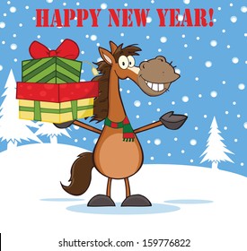 Happy New Year Greeting With Horse Cartoon Mascot Character Holding Up A Stack Of Gifts. Vector Illustration  