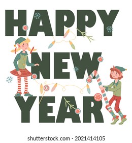 Happy New Year greeting inscription with cute Christmas elves, flat vector illustration. Christmas holiday banner or poster backdrop with childish characters for web and print.