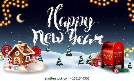 Happy New Year, greeting postcard with cartoon winter forest, starry sky, garland, beautiful lettering, Santa letterbox with presents and Christmas gingerbread house