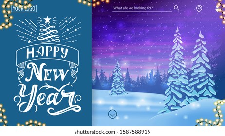 Happy New Year, greeting postcard for website with winter landscape with snow-covered pines, snowdrifts, blue and purple starry sky and pine forest on horizon