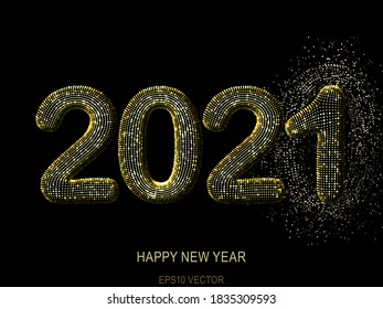 Happy New Year greeting postcard: 3D golden glittering text 2021 with shiny sparkles on black background. Concept of New Year and Christmas celebration. Winter holiday vector illustration.