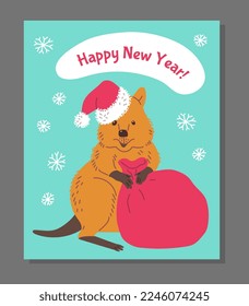 Happy New Year greeting postcard mockup with adorable quokka holding sack of festive presents. New Year and Christmas greeting card with funny quokka, flat vector.