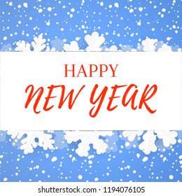 Happy New Year greeting poster design. Winter holidays background template with paper snowflakes and snowfall.