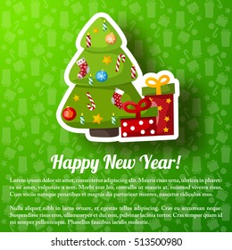 Happy New Year greeting poster with paper fir tree presents candles baubles candies socks vector illustration