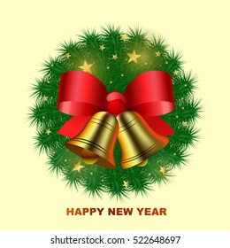 Happy New Year. New Year greeting with a red silk ribbon, golden bells and green tree