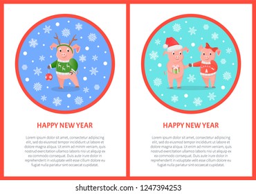 Happy New Year greeting in round frame, male and female piglets, pigs in hat and bow, Christmas holidays. Animal exchange gift, zodiac symbol vector