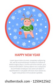 Happy New Year greeting in round frame, pig in deer horns and knitted sweater, New Year holiday. Domestic livestock animal with Christmas tree decoration vector