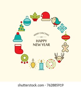 Happy New Year greeting round composition with text and colorful Christmas symbols isolated vector illustration