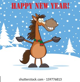 Happy New Year Greeting With Smiling Horse Cartoon Mascot Character Over Winter Landscape. Vector Illustration  