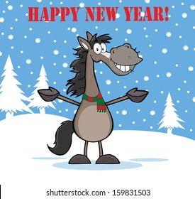 Happy New Year Greeting With Smiling Grey Horse Cartoon Mascot Character Over Winter Landscape. Vector Illustration 