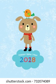 happy new year greeting with teddy bear and bird vector