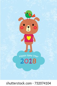 happy new year greeting with teddy bear and bird vector