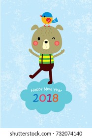 happy new year greeting with teddy bear and bird vector
