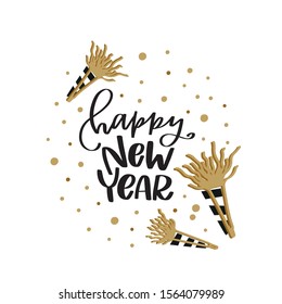 Happy New Year greeting text lettering with party horn clipart and confetti spots. Black and gold winter holiday vector design to make gift tags, cards, wall art, party decoration.