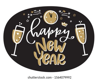 Happy New Year greeting text with champagne glasses, fireworks and midnight clock vector clipart  in black oval frame for party backdrop decoration, sticker labels, banners.