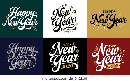 Happy new year greeting text clipart background set. 2026 new year calligraphy clip art collection for calendar, flyers, poster, banner and party card design vector illustration.  
