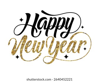 Happy new year greeting text clipart design. New year calendar clip art with black and gold calligraphy in white background for flyers and banner card vector illustration. 
