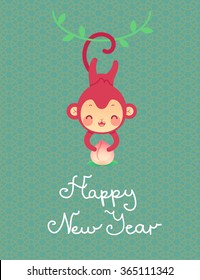 Happy new year greeting. Vector illustration of monkey with peach in cartoon style. Chinese zodiac.