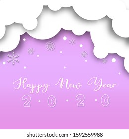Happy new year greeting word on card papercut design with various color and white cloud background.