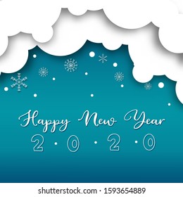 Happy new year greeting word on card papercut design with various color and white cloud background.