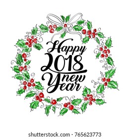 Happy New Year greeting wreath with lettering. vintage watercolor vector  illustration. 