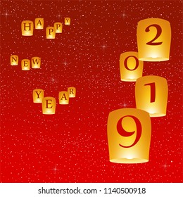 Happy new year greetings for year 2019 with bright red background with glowing stars with yellow lights and flying chinese lucky lanterns with clematis with number on the right