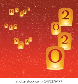 Happy new year greetings for year 2020 with bright red background with glowing stars with yellow lights and flying chinese lucky lanterns with clematis with number on the right