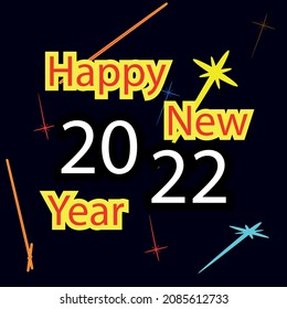 Happy new year greetings, banner written in red-yellow letters on a dark background with stars