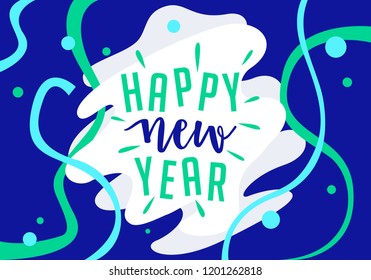 Happy New Year Greetings Card. Sunburst Colorful Text Party Celebration Template in flat colorful style Vector Illustration