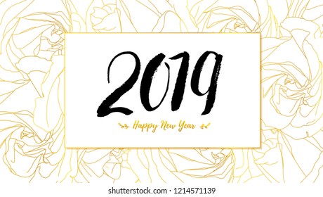 Happy New year greetings card with floral background. Roses bud outlines. Hand-drawn calligraphic text and sketches roses in doodle style
