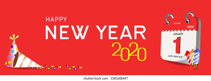 Happy new year greetings card with calendar in red background. january 1st date, fireworks, hats, and Confetti. vector image
