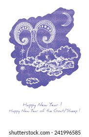 A Happy New Year greetings card with a sketch of a goat/sheep against grunge background