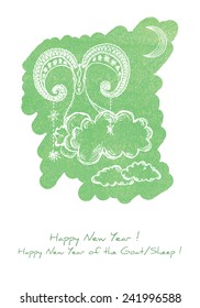 A Happy New Year greetings card with a sketch of a goat/sheep against grunge background