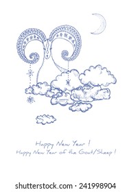 A Happy New Year greetings card with a sketch of a goat/sheep