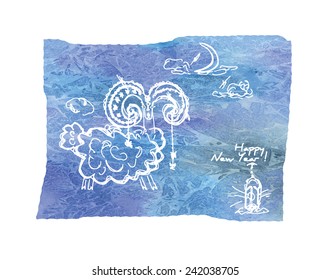 A Happy New Year greetings card with a sketch of a goat/sheep against grunge background