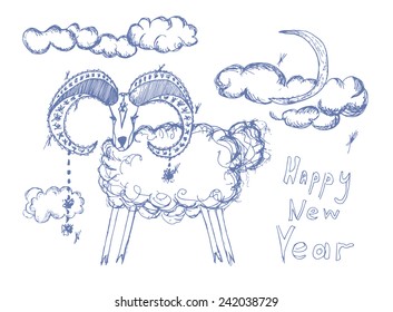 A Happy New Year greetings card with a sketch of a goat/sheep