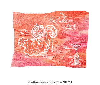 A Happy New Year greetings card with a sketch of a goat/sheep against grunge background