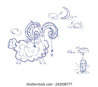 A Happy New Year greetings card with a sketch of a goat/sheep