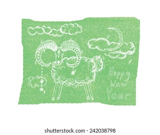 A Happy New Year greetings card with a sketch of a goat/sheep against grunge background