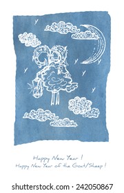A Happy New Year greetings card with a sketch of a goat/sheep against grunge background
