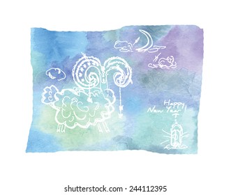 A Happy New Year greetings card with a sketch of a goat/sheep against grunge background