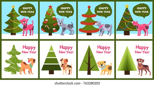 Happy New Year greetings from cartoon dogs standing near decorated xmas trees vextor illustration posters set isolated on white background