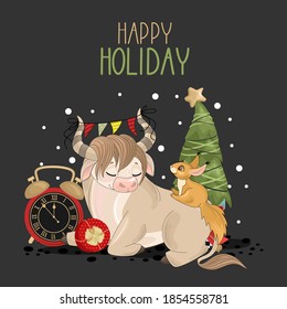 Happy New year greetings with a festive Bull, twigs and sweets. Vector illustration.  Winter holiday greeting card with
calligraphic and hand-drawn design elements.
