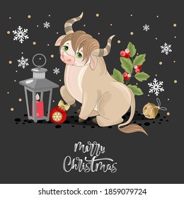 Happy New year greetings with a festive Bull, twigs and sweets. Vector illustration.  Winter holiday greeting card with
calligraphic and hand-drawn design elements.