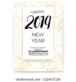 Happy New year greetings with floral background. Fashion party poster Background with outlines of roses bud. Design of hand-drawn calligraphic text and sketches roses in doodle style