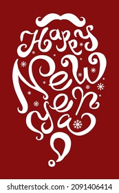 happy new year greetings in the form of a Santa Claus beard made in handwritten font on a burgundy background in the style of minimalism